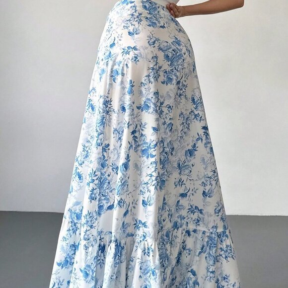 Blue & White Boho Women's Floral High Waist Maxi Skirt - Picture 3 of 8